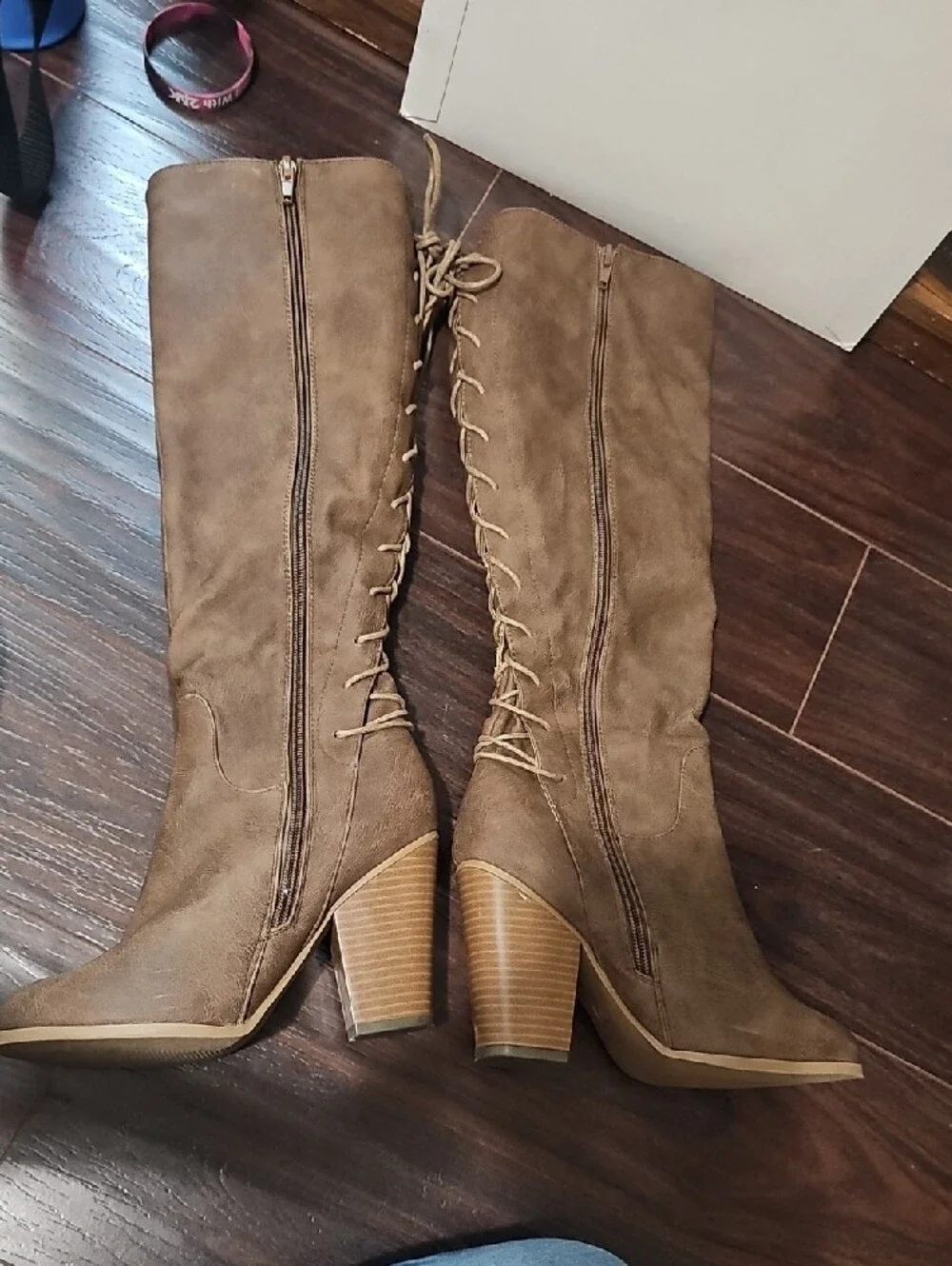 Over-The-Knee Lace-Up Block Heel Boots in Taupe